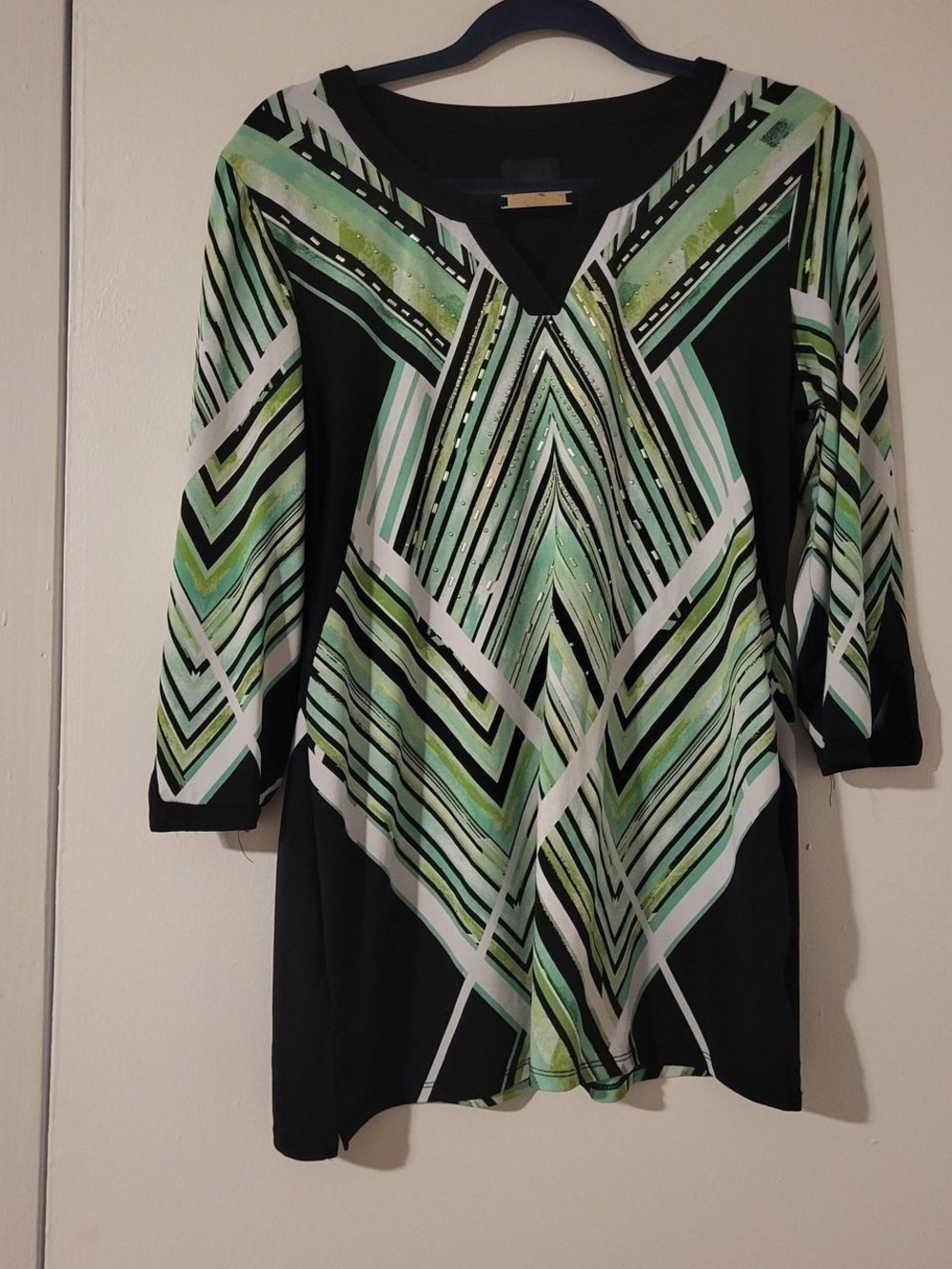 Black Top with Mint Green and White Chevron Print